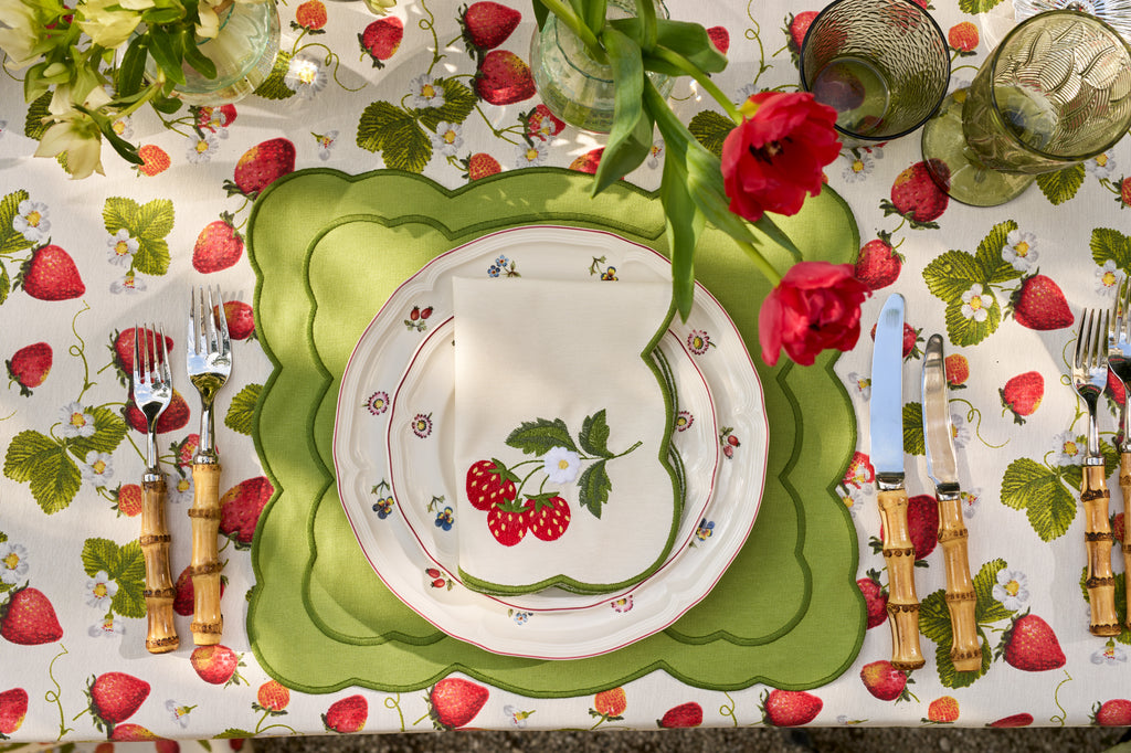 Strawberry Fields Tablecloth with Green Trim