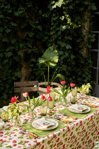 Strawberry Fields Tablecloth with Green Trim