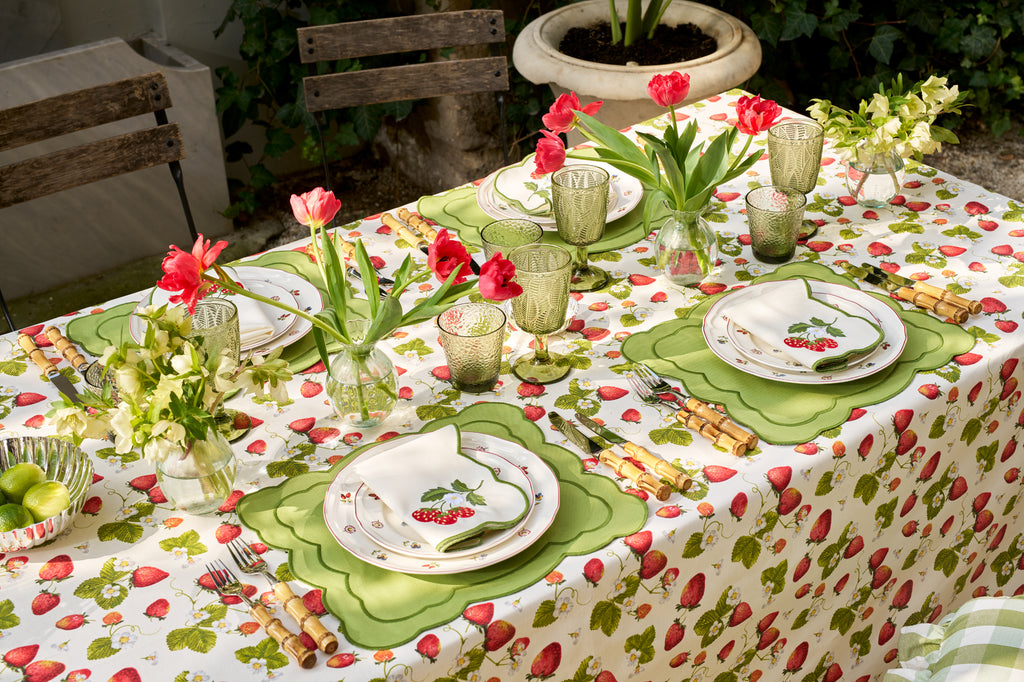 Strawberry Fields Tablecloth with Green Trim