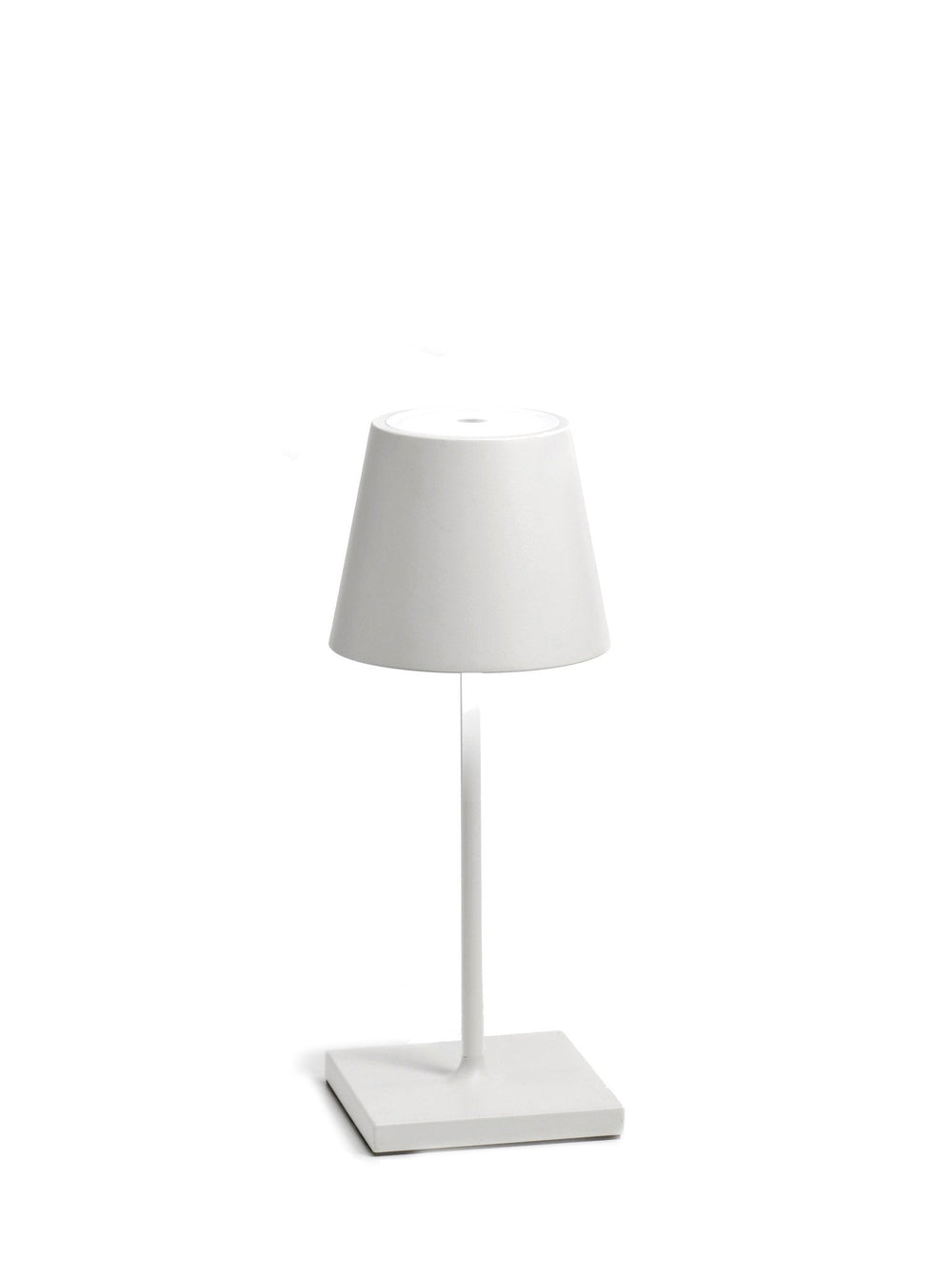 Front view of Poldina Pro Mini table lamp showcasing white tapered shade, slim stem, and square base on white background