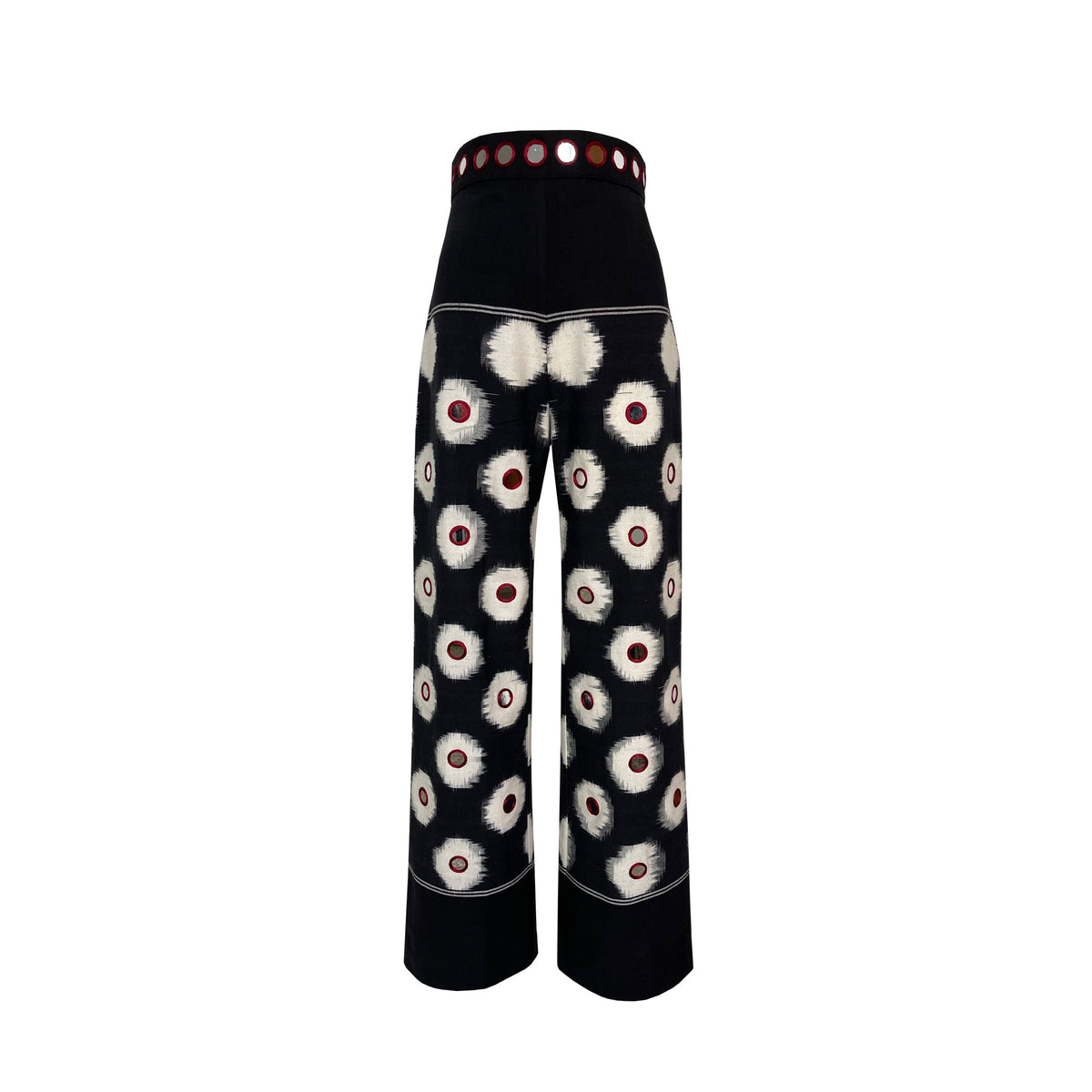 Front view of Mirror Trousers showcasing black hand-loom ikat fabric, high waist, and mirror embroidery on white background