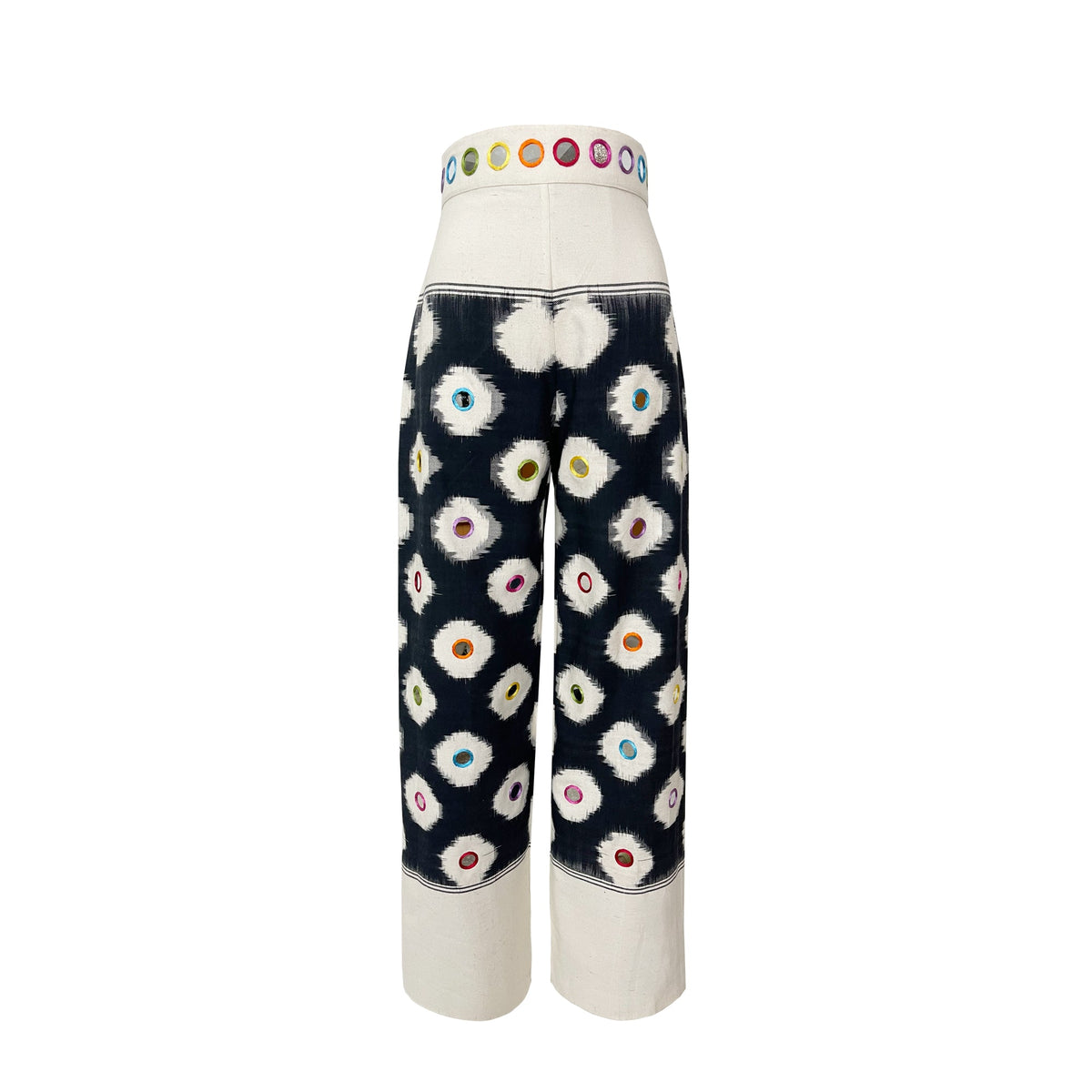 Front view of Multicolor Mirror Trousers showcasing colorful mirror embroidery and high waisted A shaped silhouette on white background