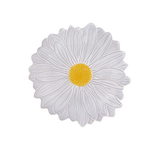 Top view of Maria Flor Fruit Plate 23 inch Daisy showcasing white daisy petals and yellow center on a white background