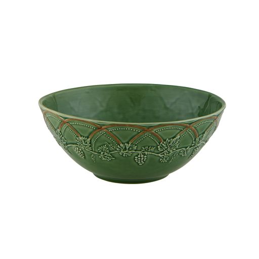 Front view of Woods Salad Bowl showcasing earthy green and brown floral motifs with a white background