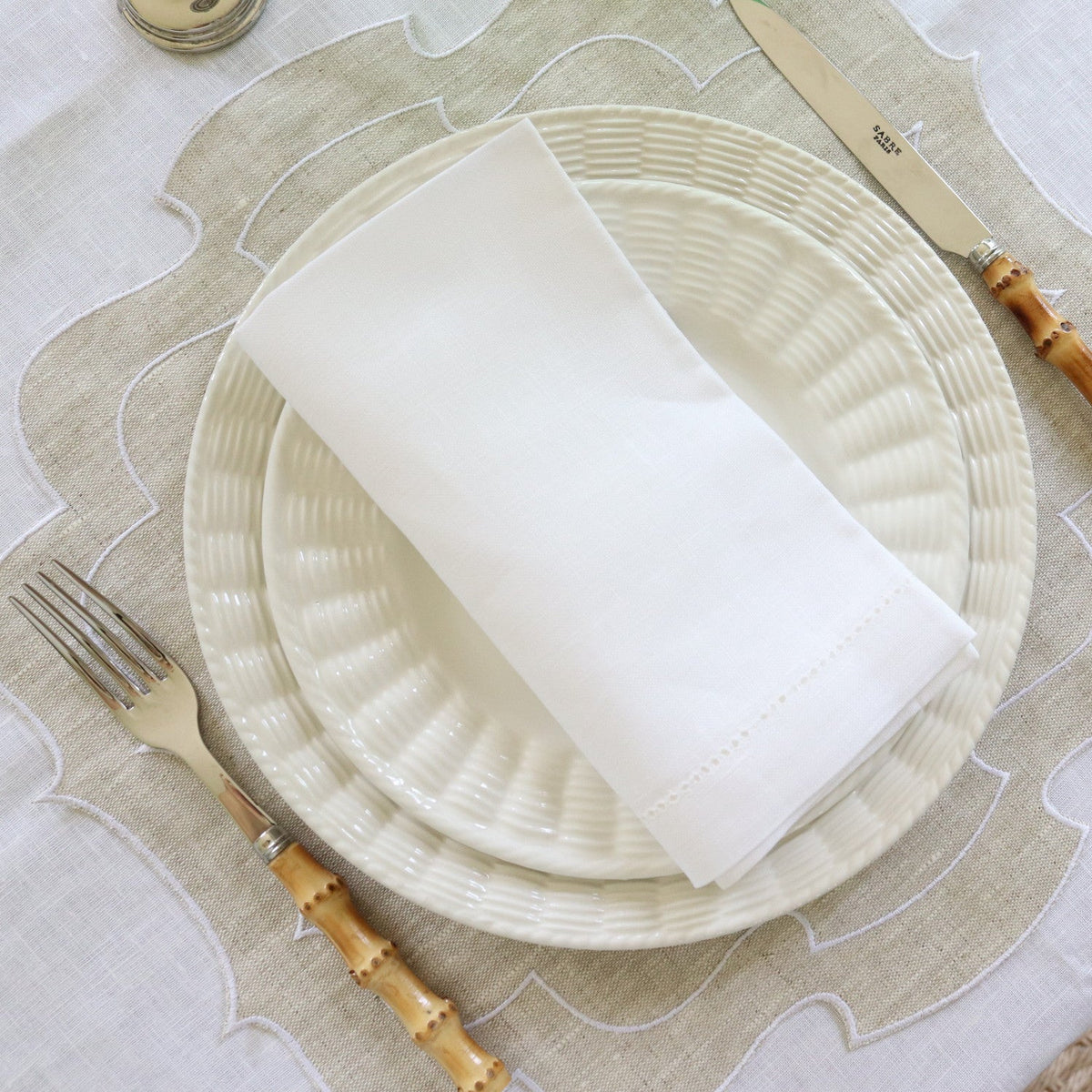 Luxury woven white timeless Classic linen hemstitch table napkin white  45x45cm