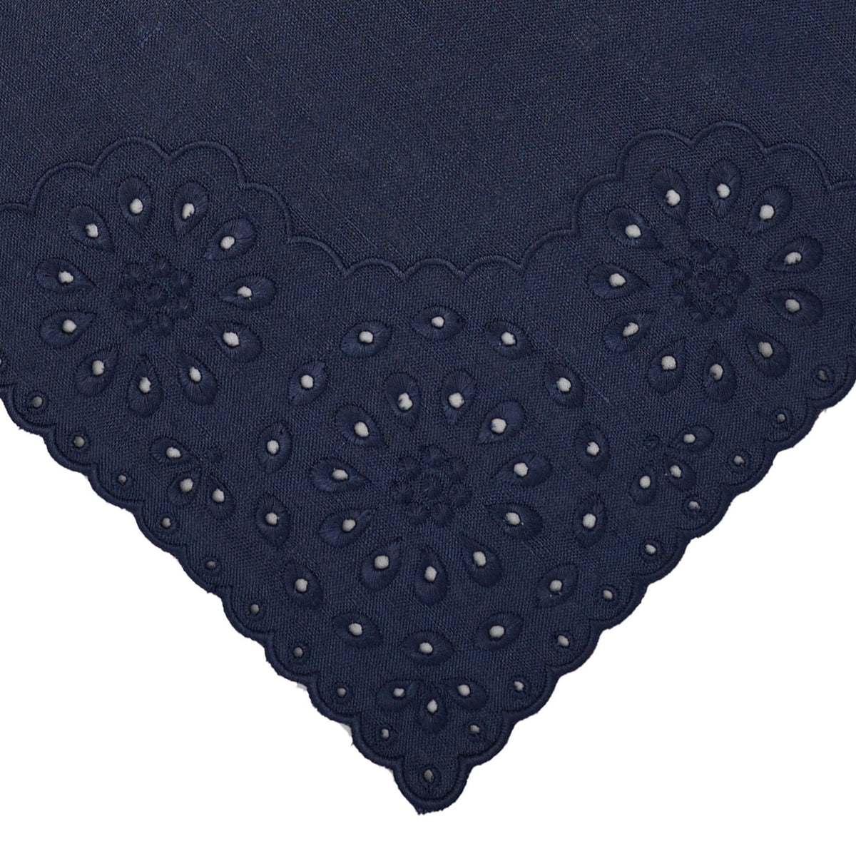 Close-up of Blue Eyelet Dinner Napkin showcasing floral eyelet perforations and scalloped edge against white background