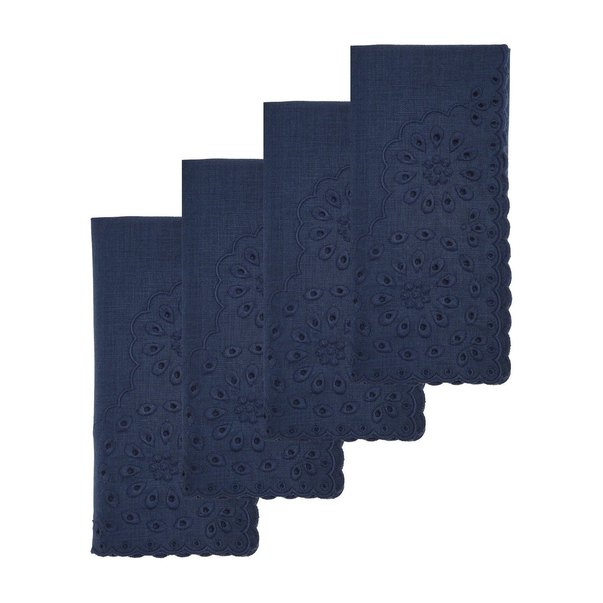 Front view of Blue Eyelet Dinner Napkins, set of 4, showcasing scalloped edges and floral eyelet embroidery on a white background