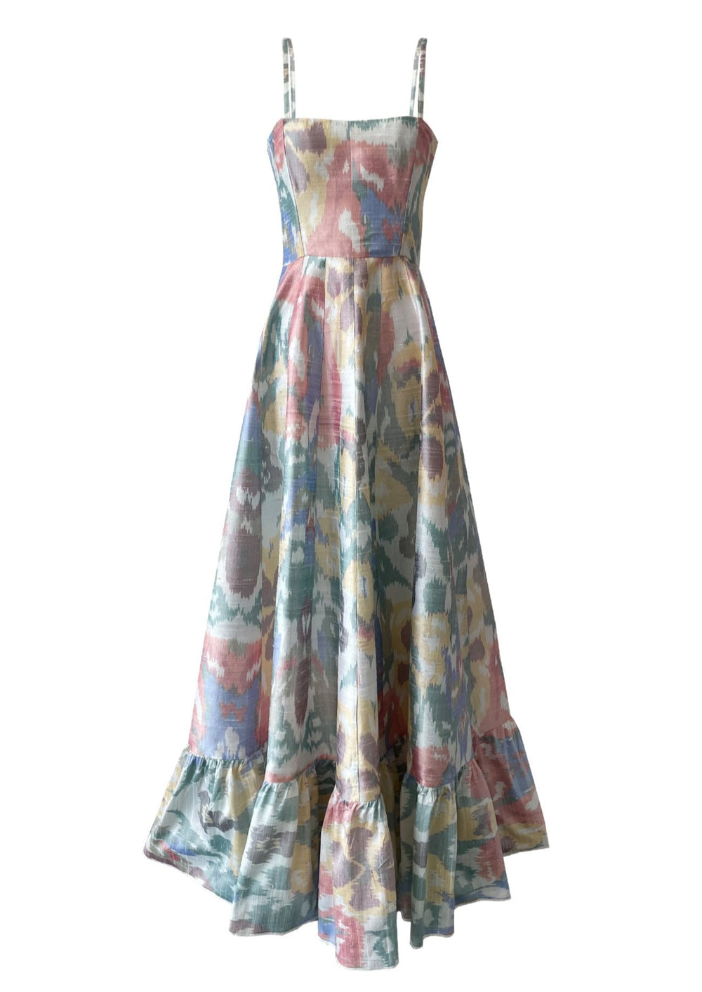 Front view of Orquidea Dress showcasing multicolored ikat silk, cinched waist, corset bodice, and shoulder straps