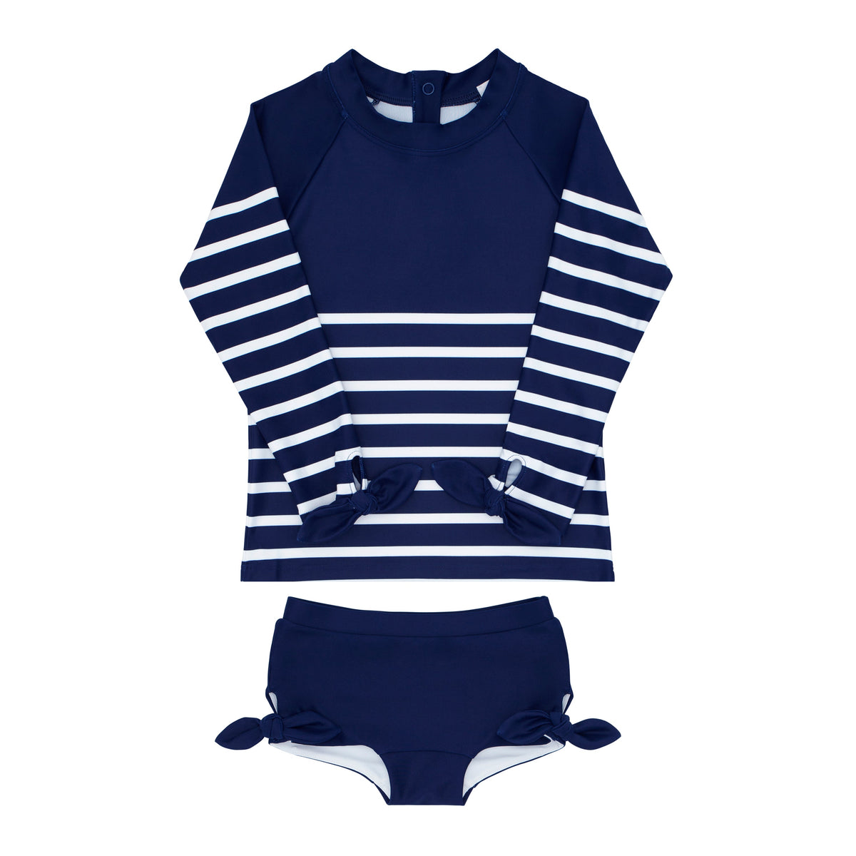Front view of Girls Navy Breton Stripe Rashguard Set showcasing white Breton stripes and ribbon details with a white background