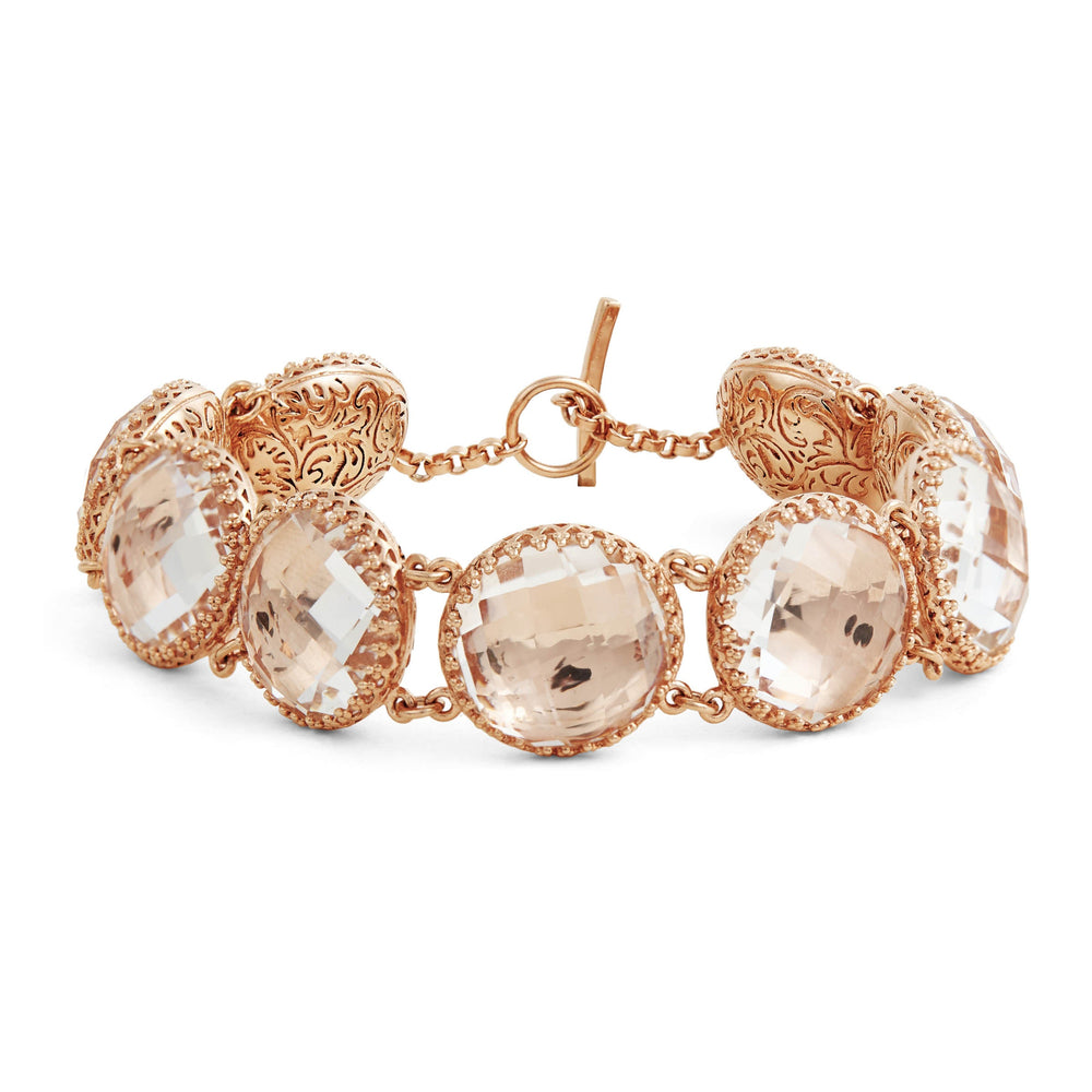 Front view of Olivia Button Bracelet showcasing sparkling white quartz and toggle clasp with a white background