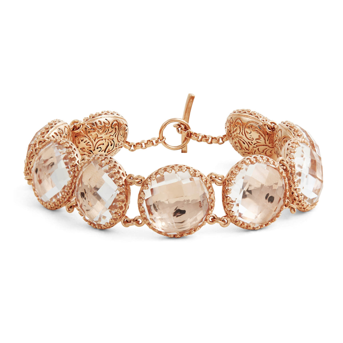 Front view of Olivia Button Bracelet showcasing sparkling white quartz and toggle clasp with a white background