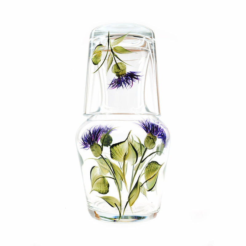 Front view of Plume Thistle Carafe and Tumbler showcasing hand-painted mauve plume thistles on a white background