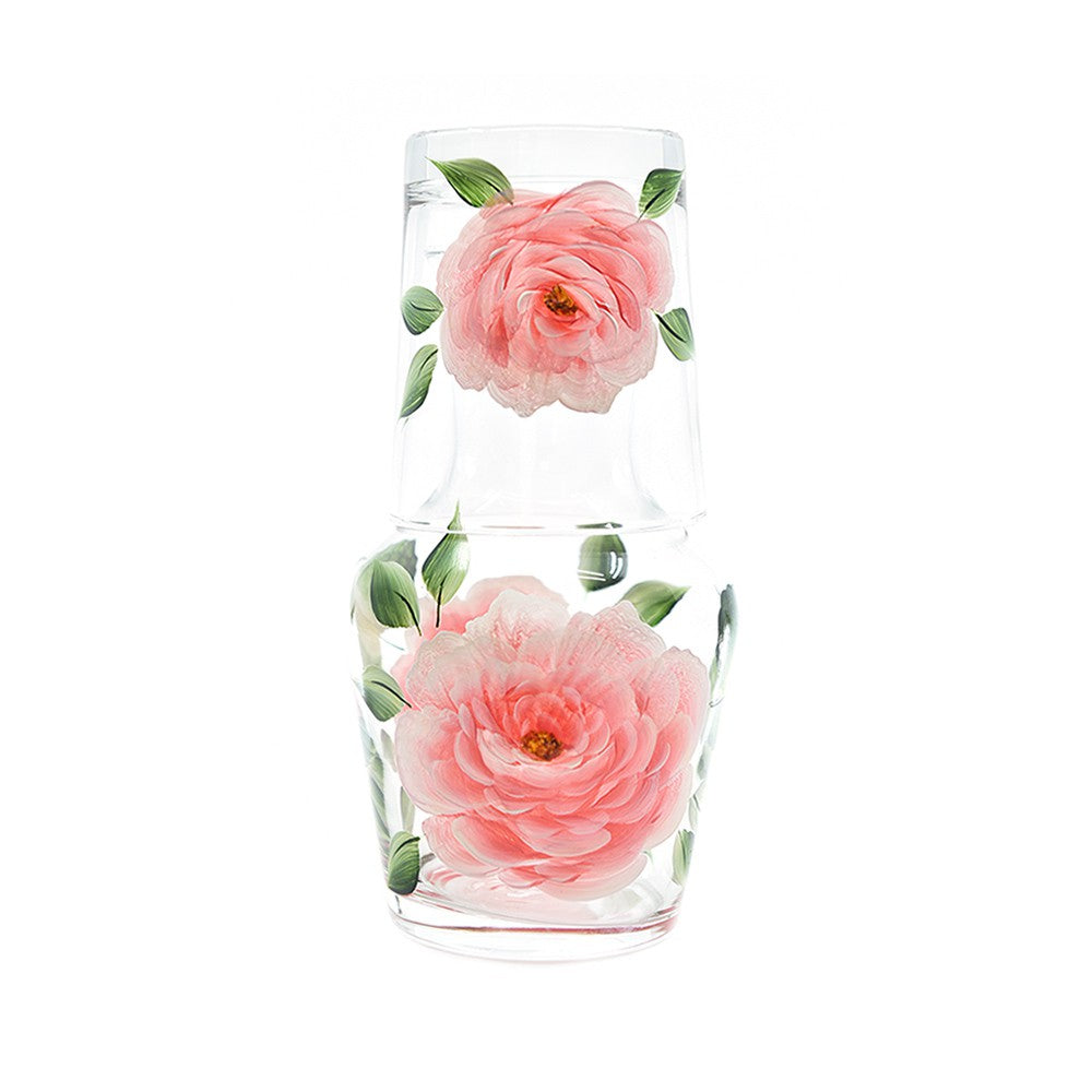 Front view of Peony Carafe And Tumbler showcasing pink peonies in full bloom with a white background