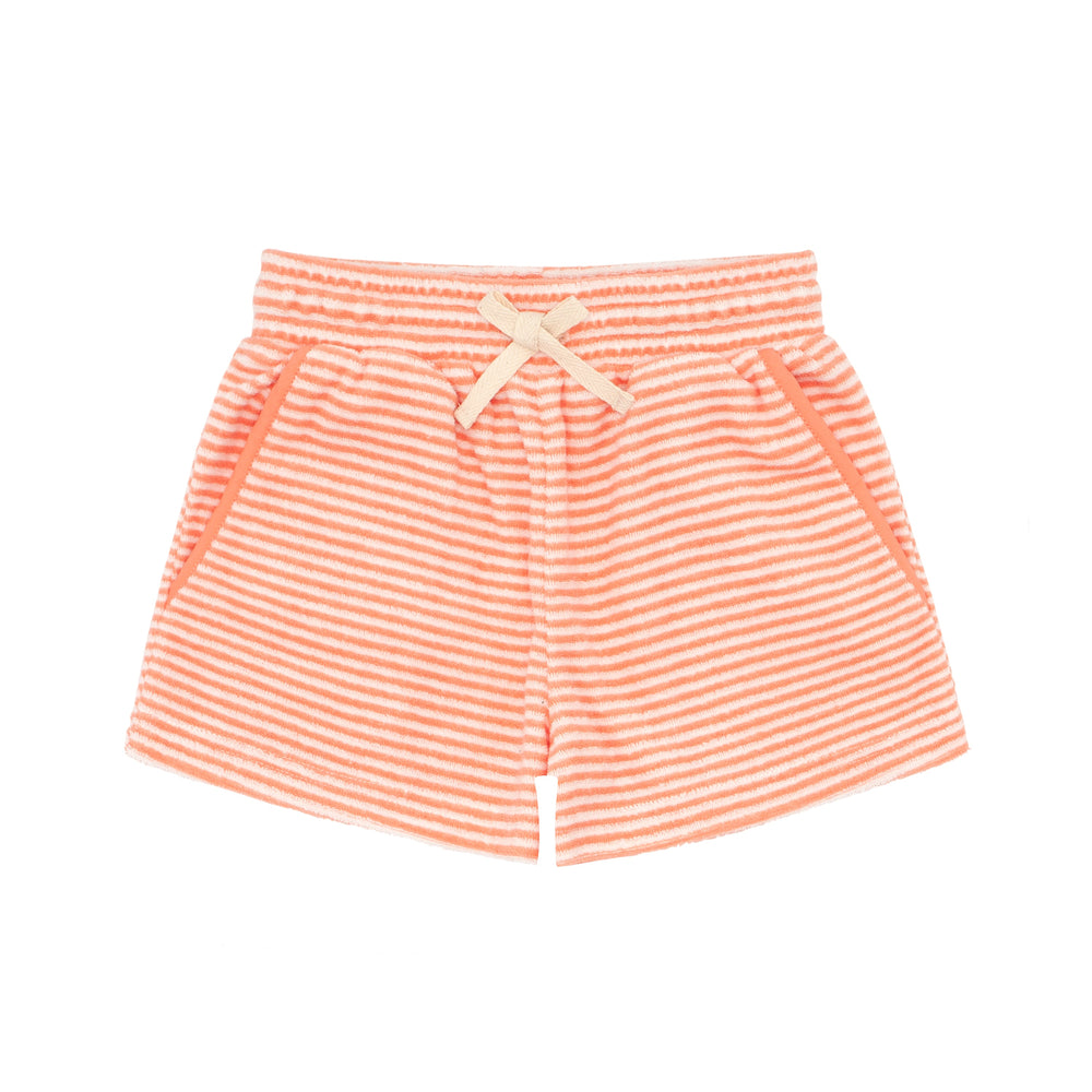 Flat lay of boys Calypso coral striped French terry shorts with elastic drawstring waistband and side pockets