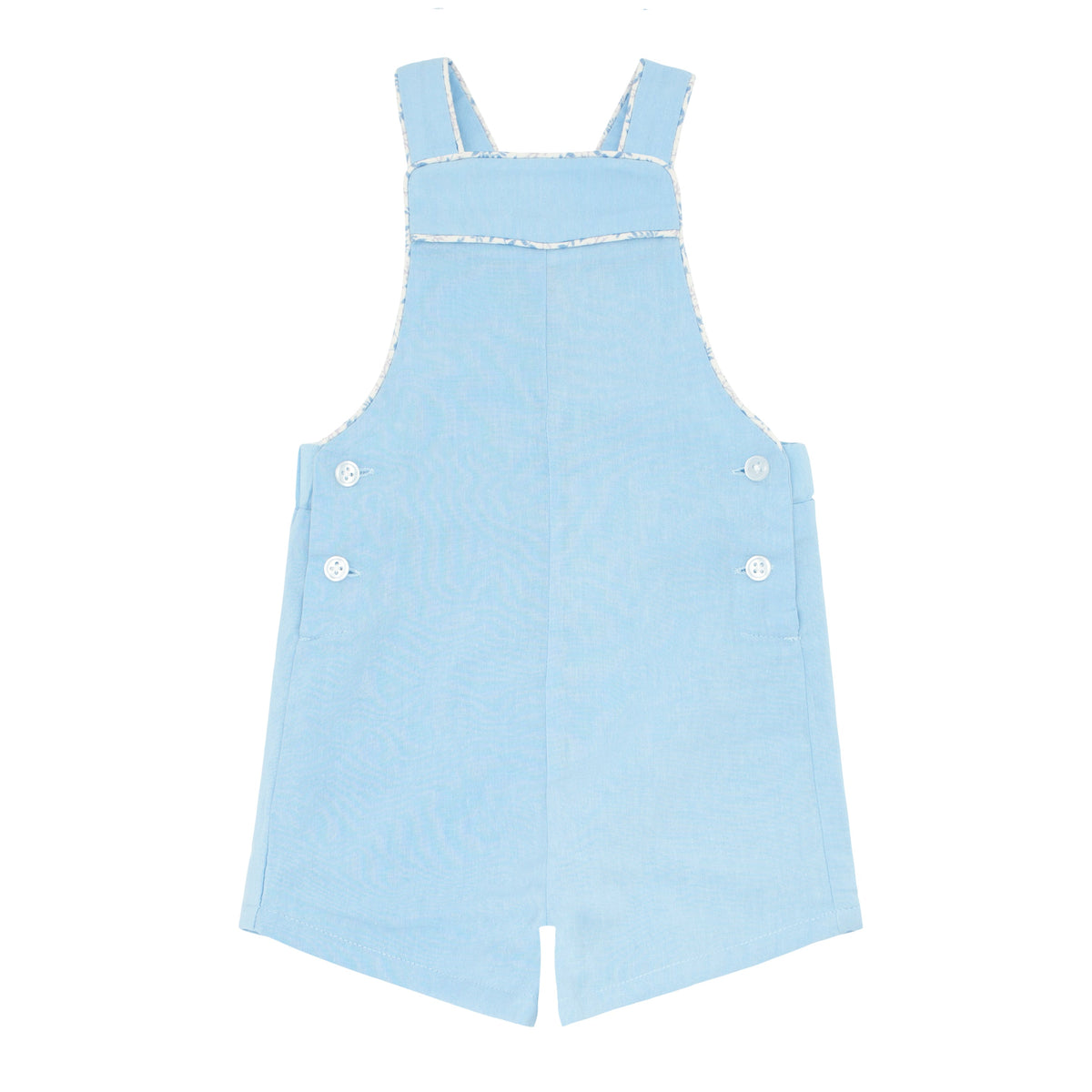 Front view of Boys Peri Blue Overall showcasing adjustable straps and side buttons on a white background
