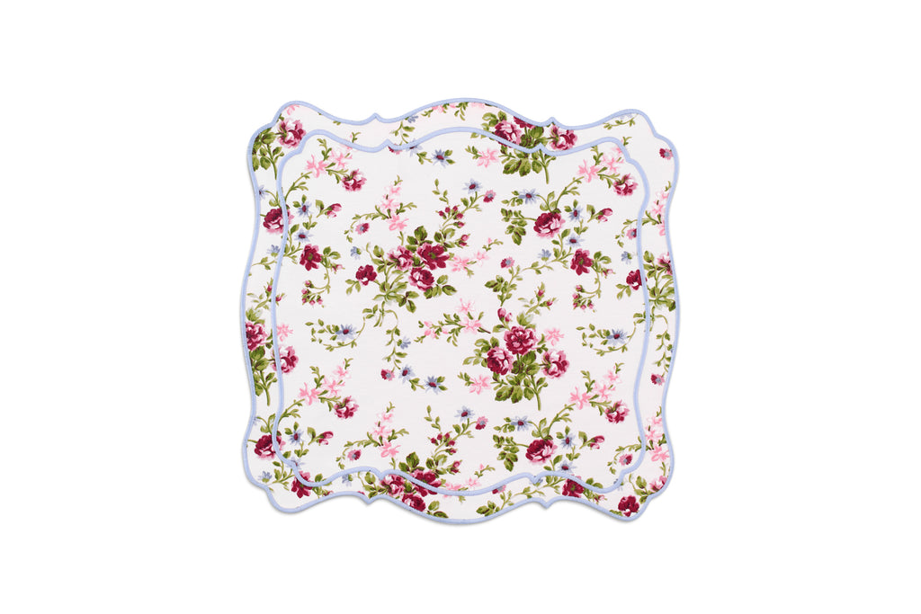 OTM Exclusive: Aline Placemat and Napkin Set in Pink with Serenity Blue Embroidery