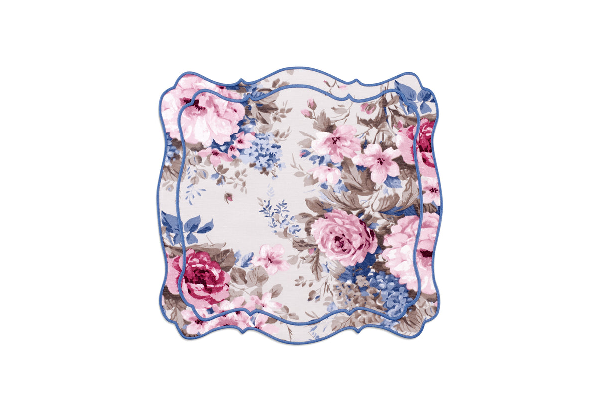 OTM Exclusive: Aline Placemat and Napkin Set in Creme with Sky Blue Embroidery