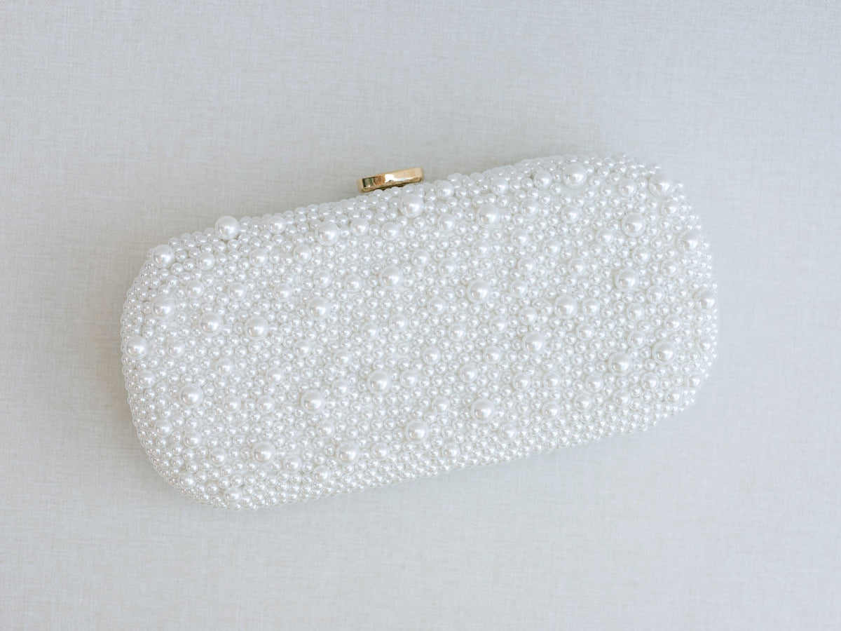 Pearl Encrusted Luxury Bridal Clutch with Gold Accents by Gabrielle Hurwitz and Bella Rosa