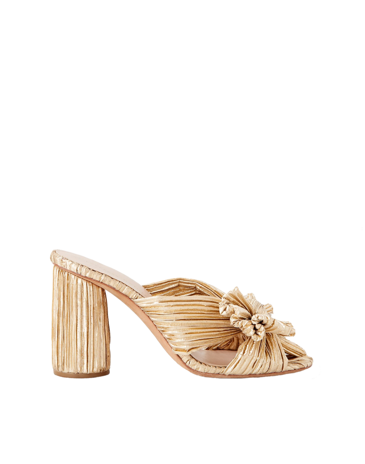 Side view of Penny Pleated Bow Heel in Gold showcasing pleated fabric, signature bow, and cylindrical block heel on white background