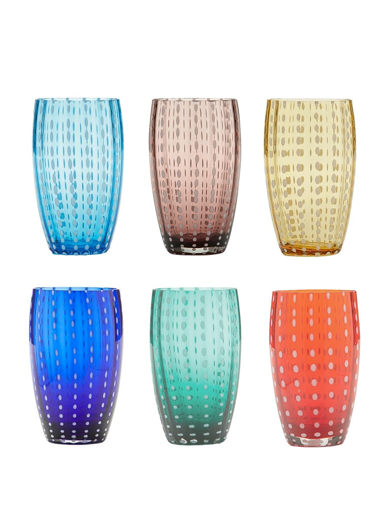 Front view of Perle beverage glasses set of 6 showcasing dotted pattern in six assorted colors on white background
