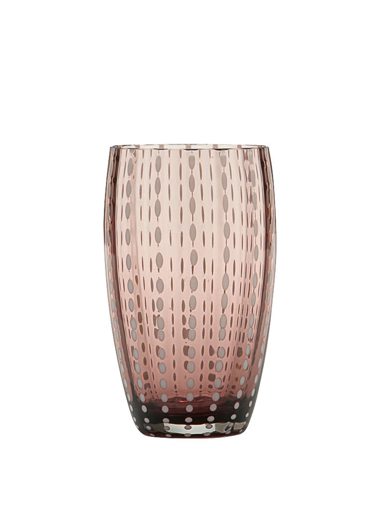 Front view of Perle Beverage glass in amethyst showcasing vertical dotted pattern on transparent glass with white background
