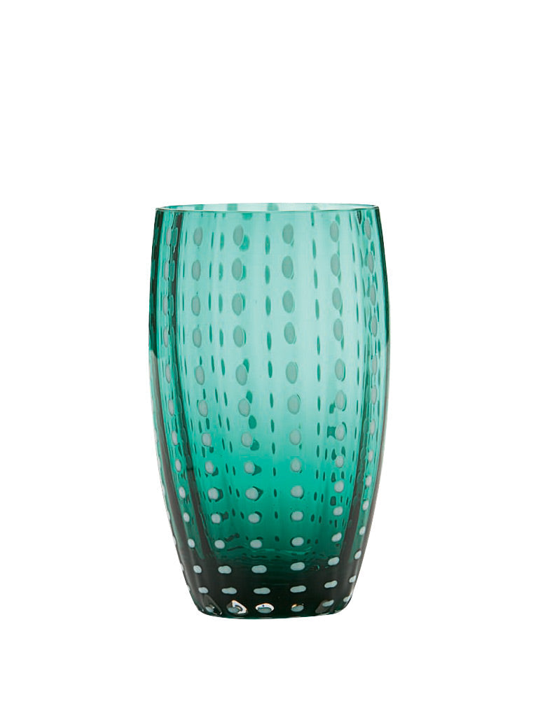 Front view of Perle Beverage glass showcasing vertical dotted texture in aquamarine transparent glass on white background