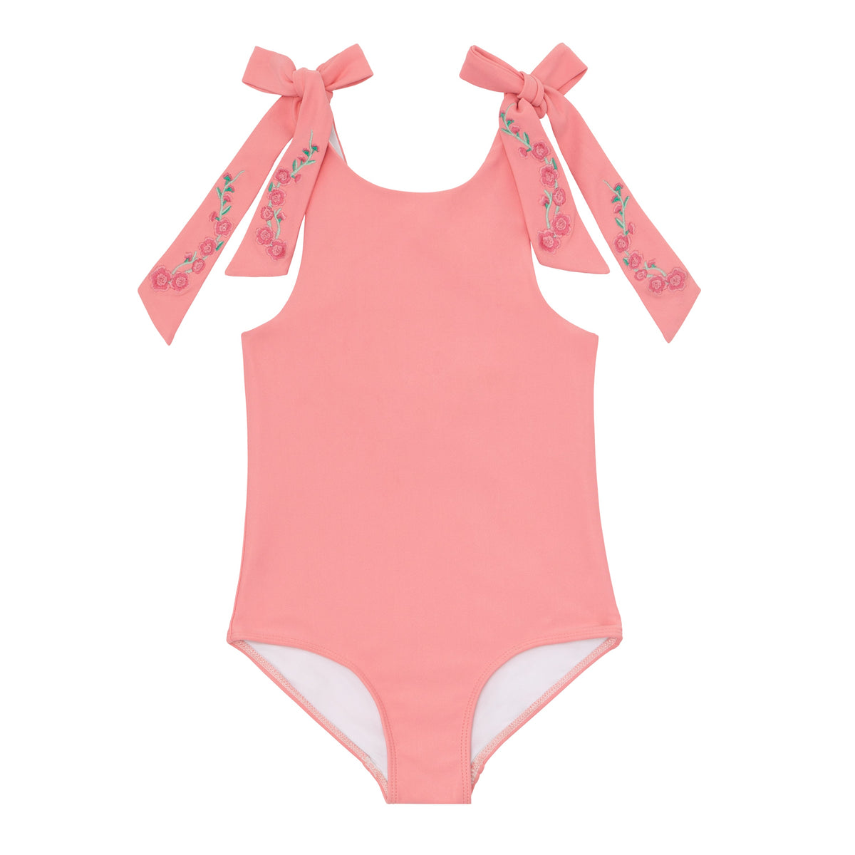 Front view of pink minnow x Fanm Mon Girls Hibiscus Tie Knot One Piece showcasing adjustable ties and hibiscus flowers