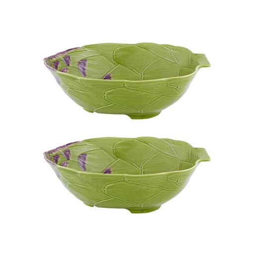 Front view of Artichoke Salad Bowl in Green, Set of 2 showcasing raised artichoke leaf design with white background
