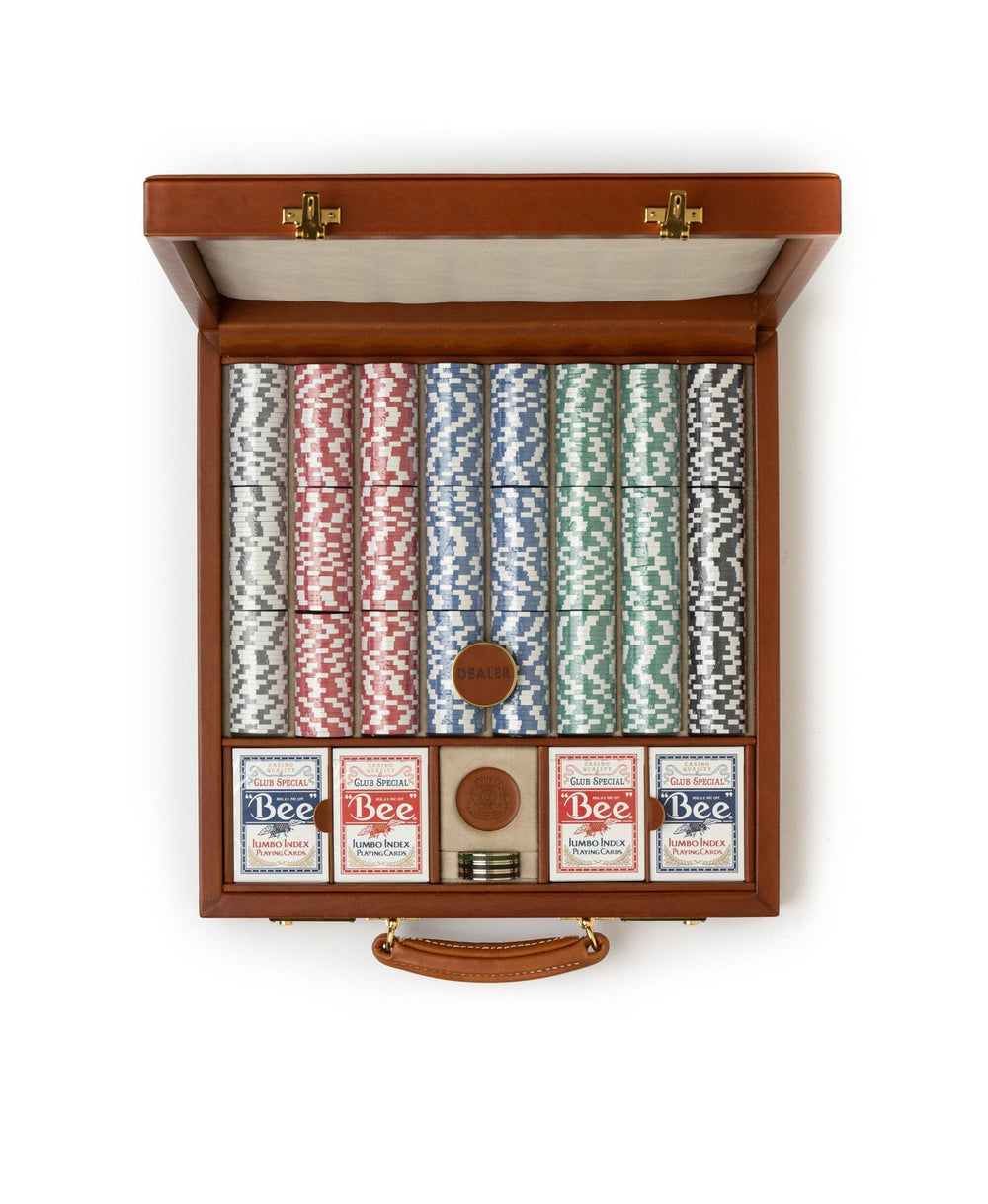 Top view of Poker Set No. 241 open in chestnut leather case with stacked poker chips, four Bee card decks, and dealer button on white background