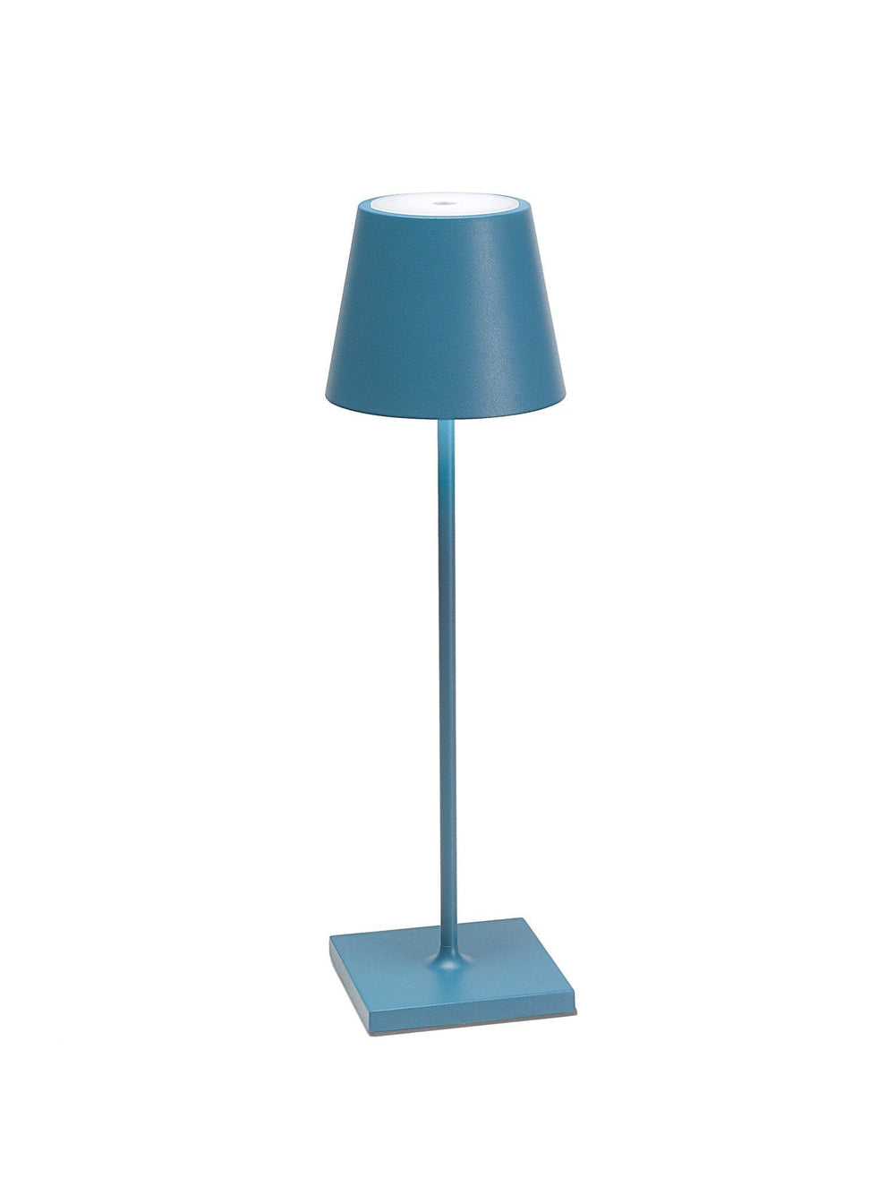 Front view of Poldina Pro table lamp showing teal metal finish, slim stem, square base, and tapered shade on white background