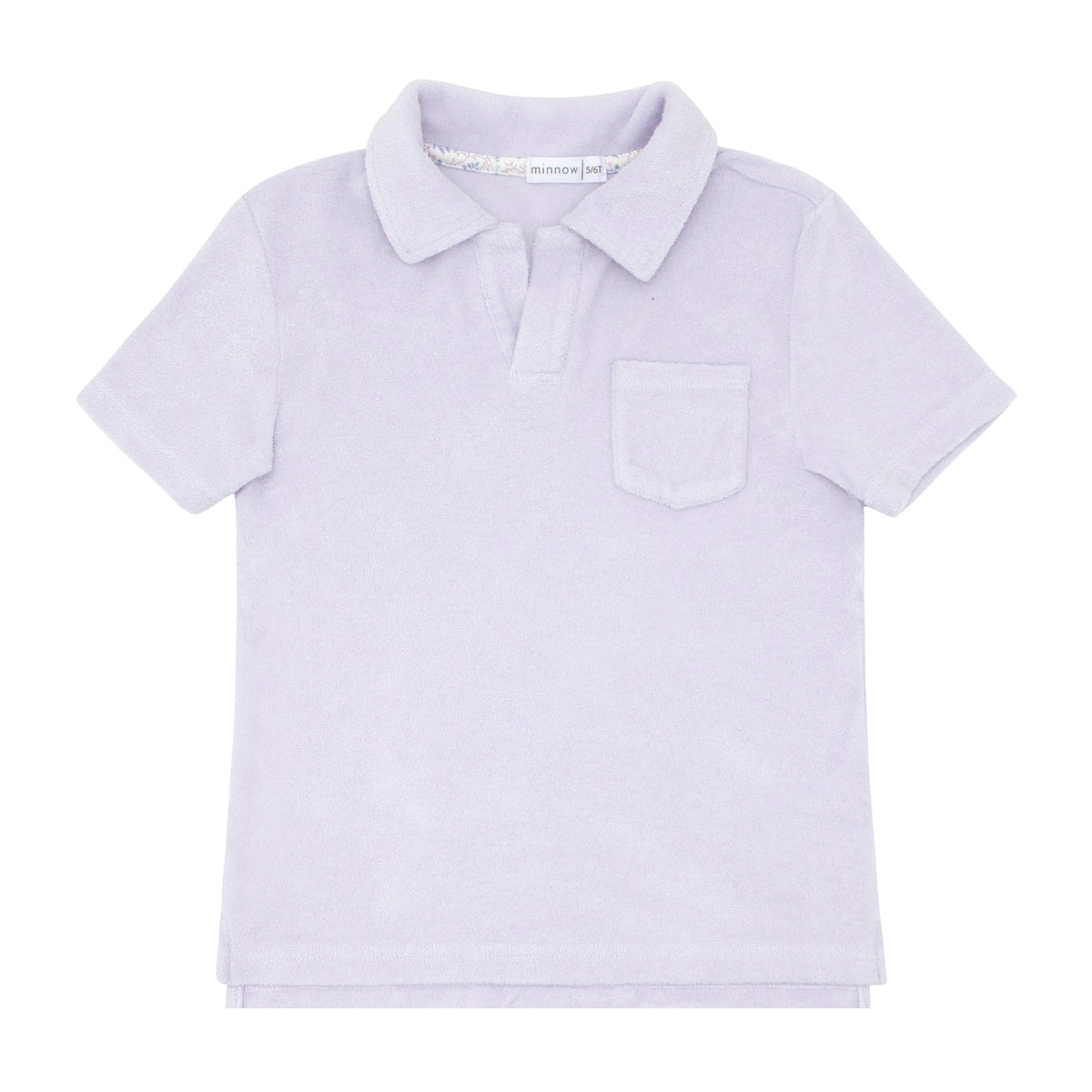Front view of Boys Bay Lavender French Terry Polo Shirt showcasing classic collar and front pocket on white background