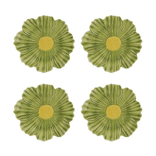 Front view of Maria Flor Fruit Plate Cosmos showing four green flower shaped plates with yellow centers against white