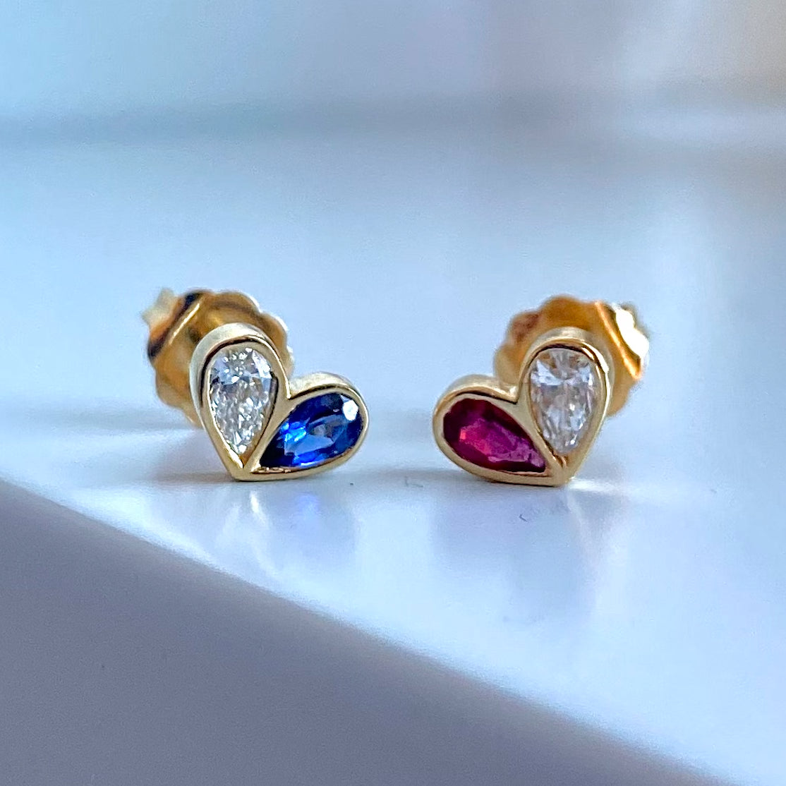 Sweetheart Studs in Diamond and Blue Sapphire