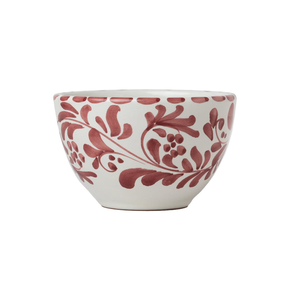 Front view of Cereal and Dessert Bowl in Vinto Tinto showcasing swirling leafy impressions with a white background