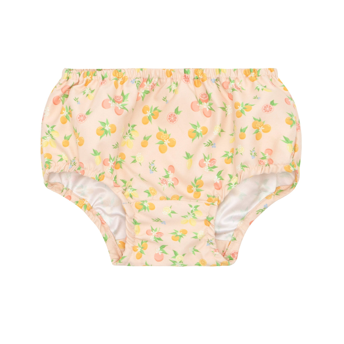 Front view of Citrus Grove Diaper Bloomer Cover showcasing elastic leg openings and citrus fruit print on a white background