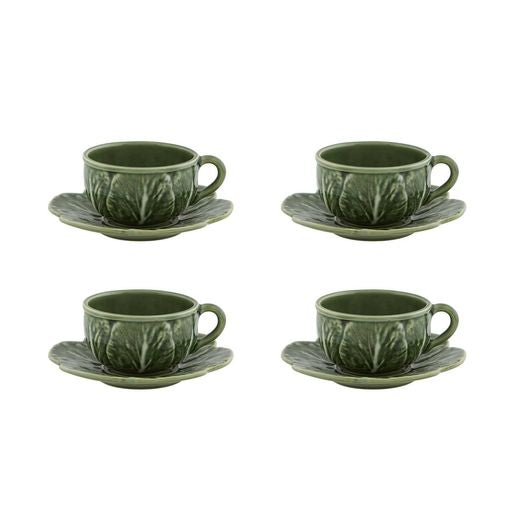 Front view of Cabbage Tea Cup And Saucer in Green, Set of 4 showcasing cabbage leaf relief on white background