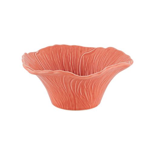 Front view of Maria Flor Hollyhock bowl with ruffled flower rim and embossed petal texture, coral pink on white
