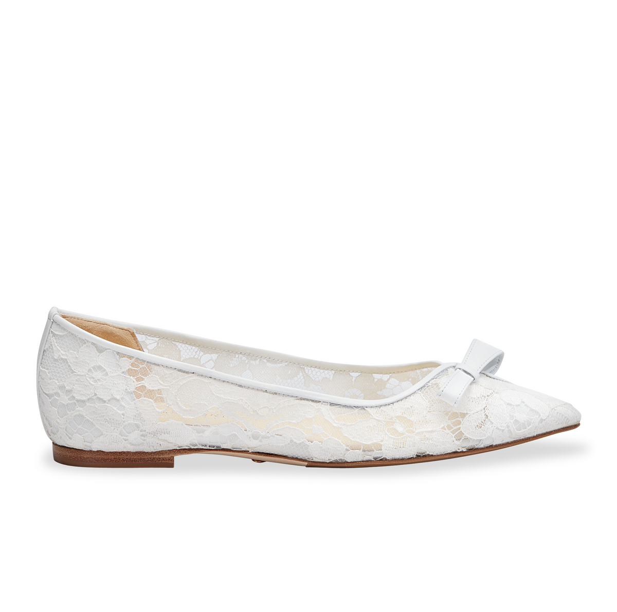 Side view of the Natalie ballerina slipper showcasing white lace and bow embellishment with a white background
