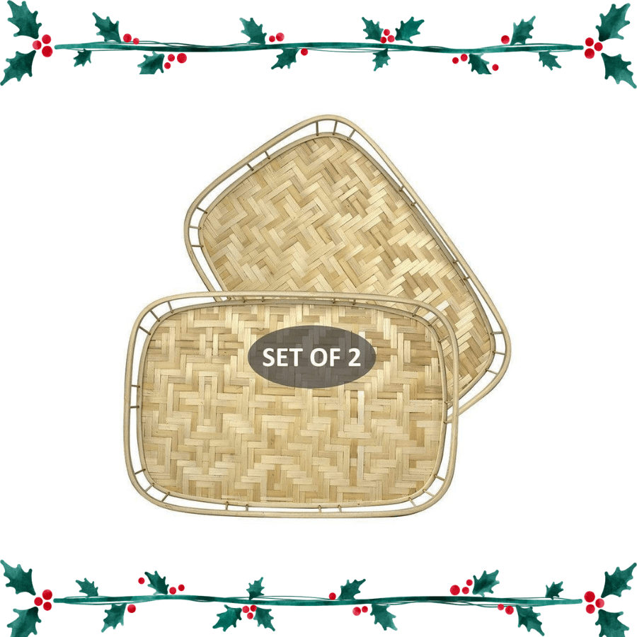 Bamboo Wicker Serving Trays with Handles | Handwoven & Decorative Trays for Dining Table (Set of 4)