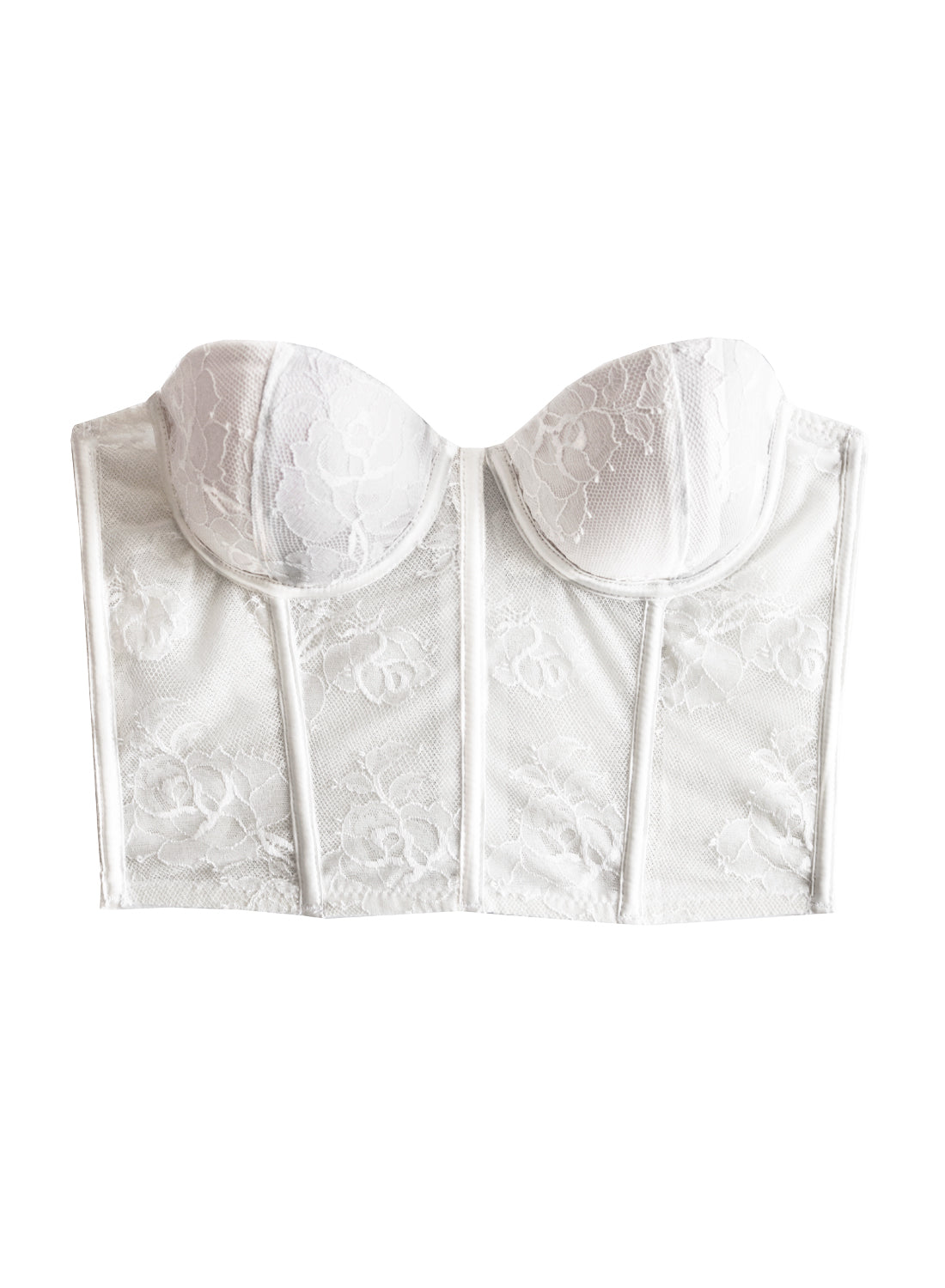 Flat lay of Bouquet Lace Bustier Top in snow showing structured cups, floral stretch lace and vertical boning on white