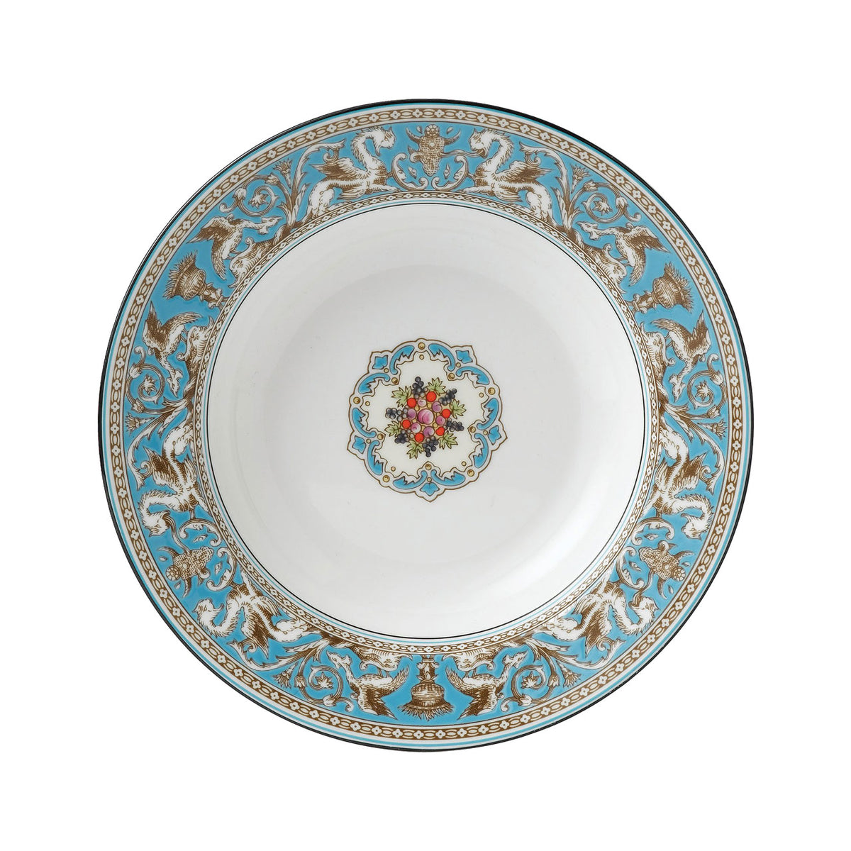 Top view of Florentine Turquoise Rim Soup 9 inch showcasing mythical creatures and floral motifs on a turquoise rim