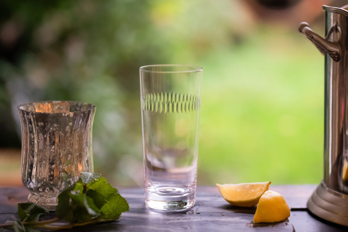 Front view of crystal highball glass showcasing hand-engraved spear pattern on clear glass with blurred garden background