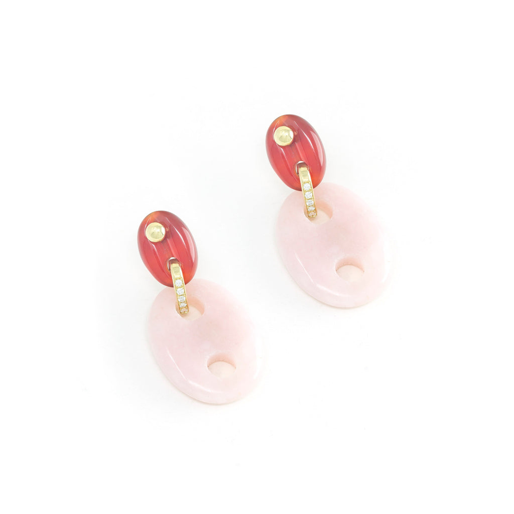 Diamond & Stone Mariner Link Earrings in Carnelian & Rose Quartz