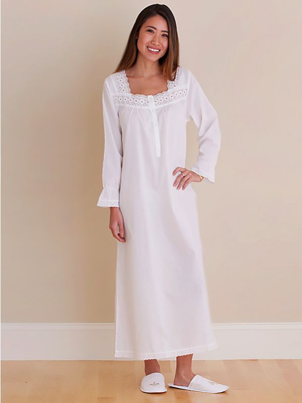 Susan White Cotton Long Sleeve Nightgown