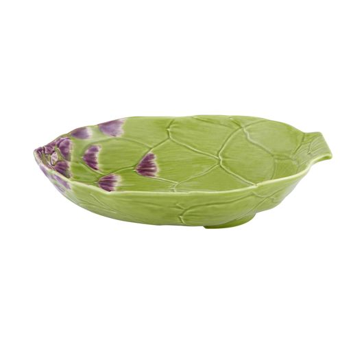 Angled view of Artichoke Pasta Plate in Green showcasing raised leafy details and purple accents on a white background