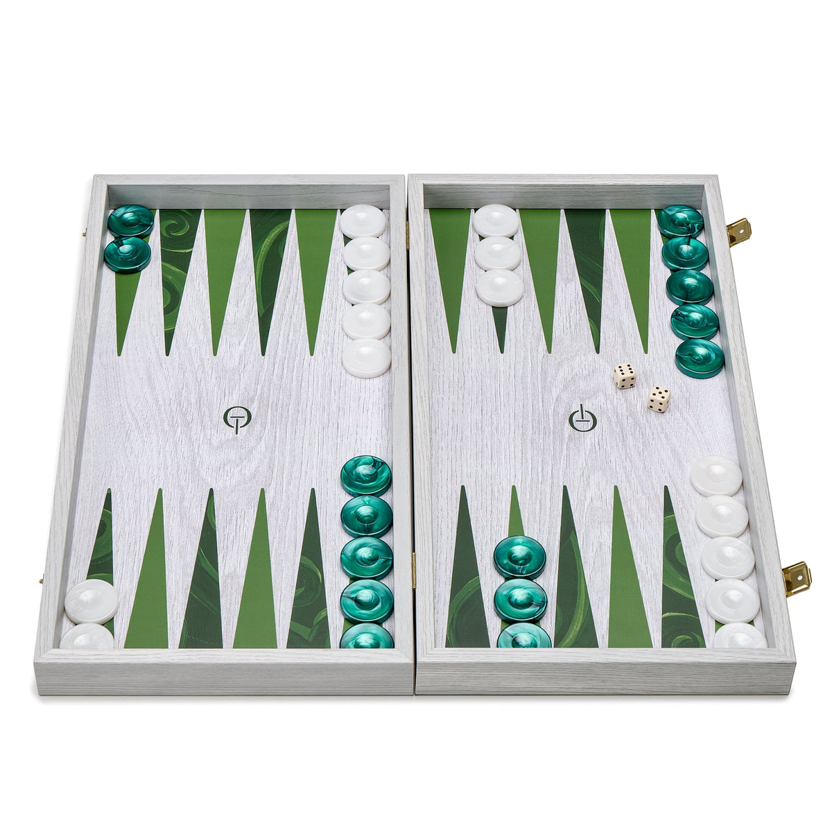 Open view of Peacock Backgammon set showcasing pearl-effect checkers and green geometric board on a white background