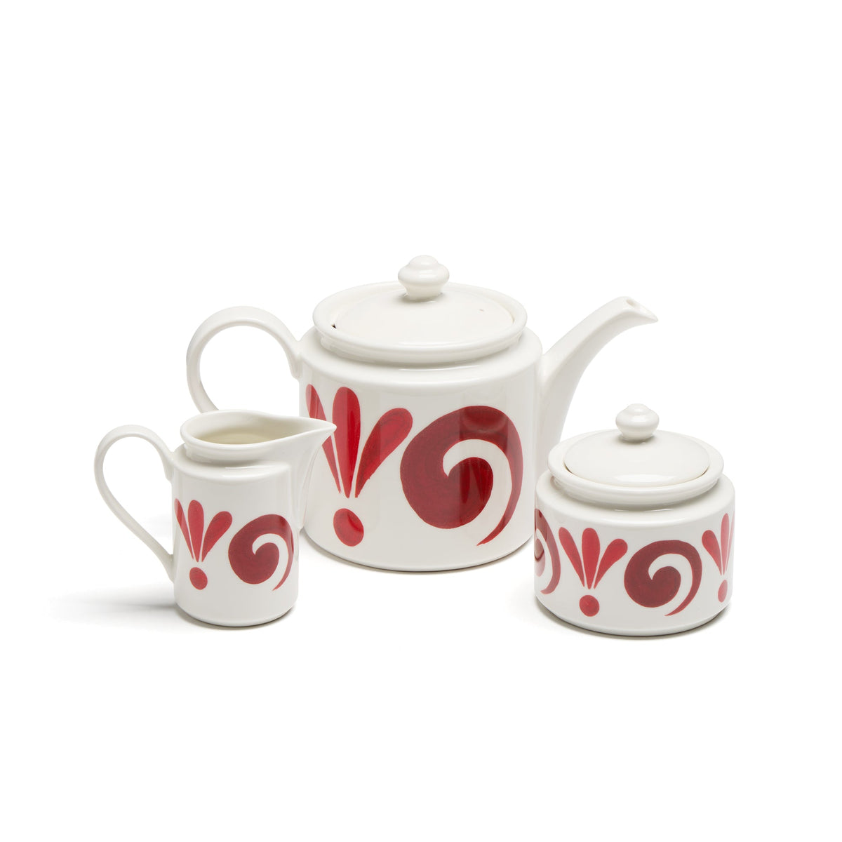 Front view of Kallos Tea Set with teapot, milk jug, and sugar jar in hand-painted deep red on white porcelain