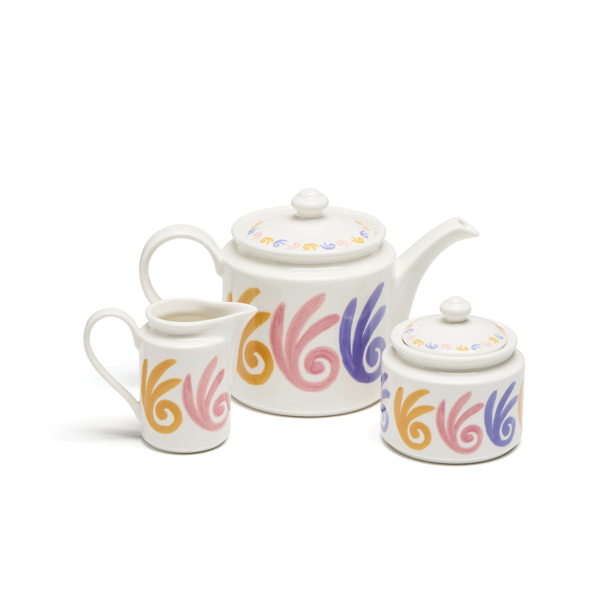 Front view of Gaia Purple & Pink Tea Set showcasing fine porcelain pots and jars with colorful geometric patterns on white background