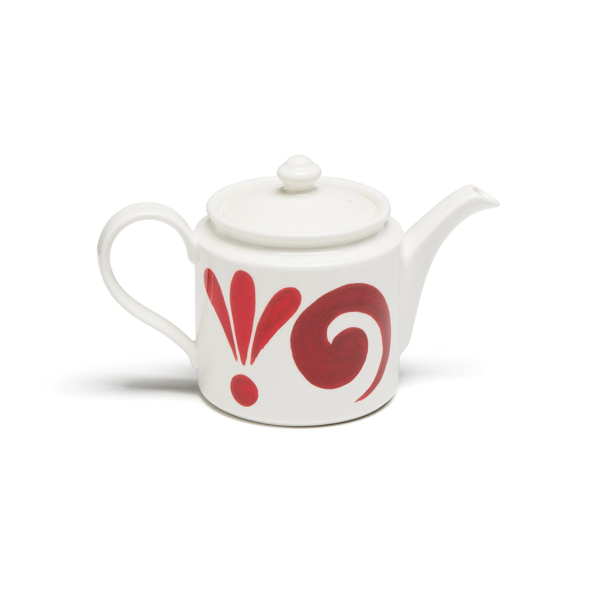 Front view of Kallos Tea Set in Deep Red on White showcasing hand-painted red pattern on white porcelain