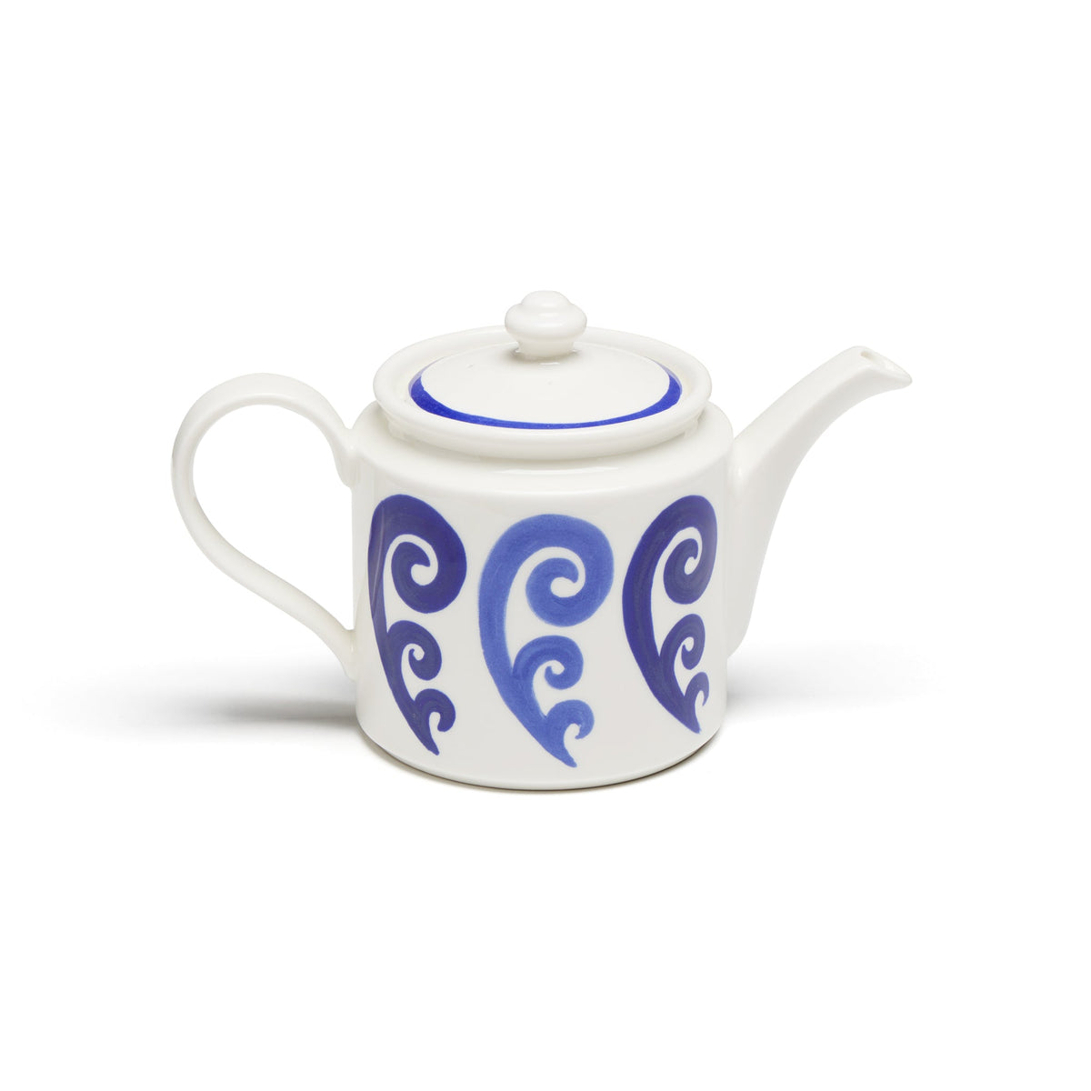 Front view of Athenee Peacock Two Tone Blue Tea Set showcasing blue hand-painted swirl pattern, white background